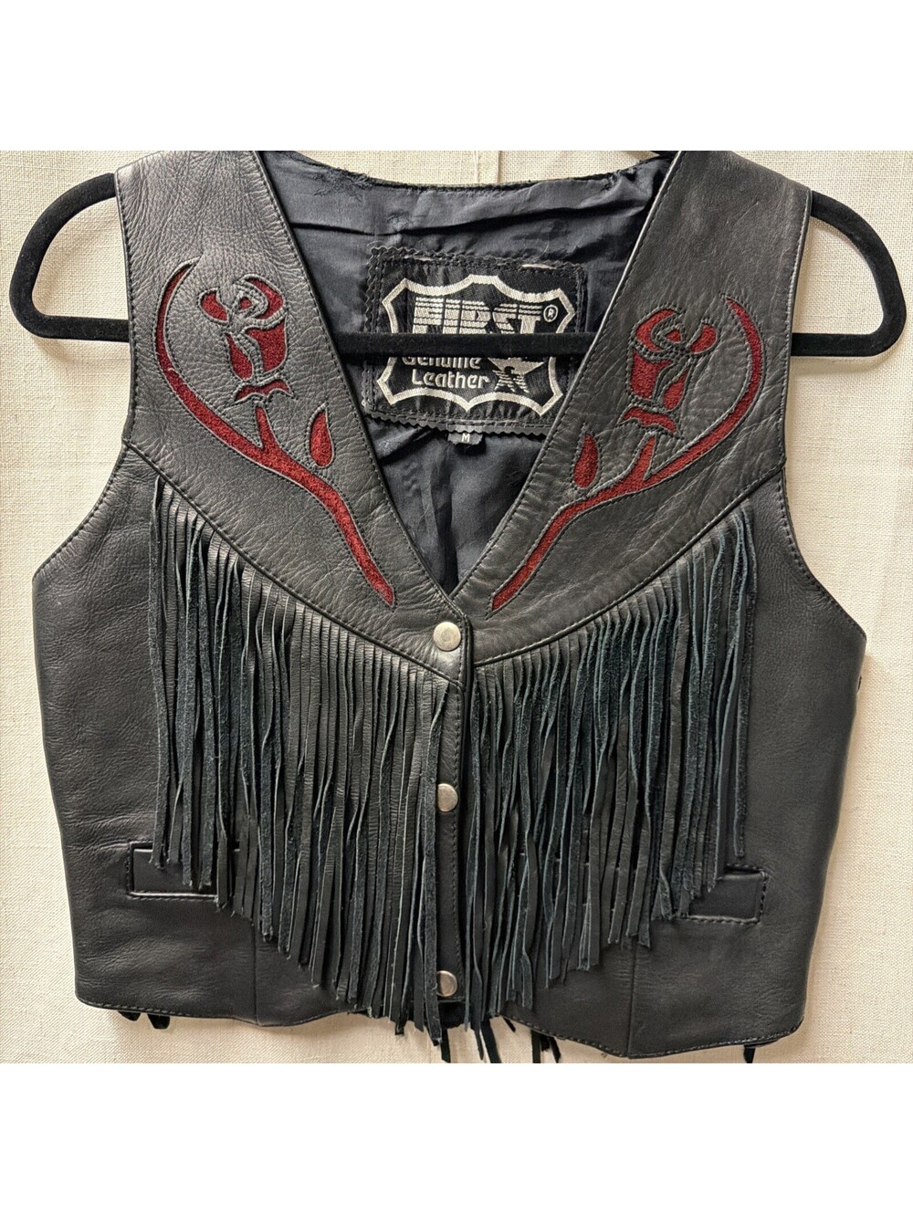 First Genuine Leather Women's Fringe Black Moto Vest w/Red Rose, Women’s Med